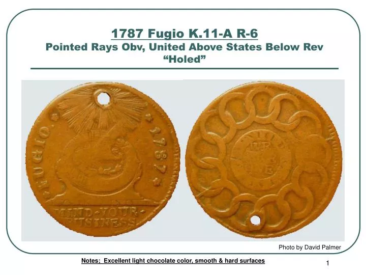 1787 fugio k 11 a r 6 pointed rays obv united above states below rev holed