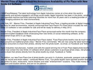 Warren Friss of Apple Industries Announces Availability of P