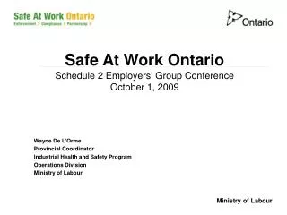 Safe At Work Ontario Schedule 2 Employers' Group Conference October 1, 2009