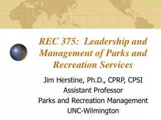 REC 375: Leadership and Management of Parks and Recreation Services