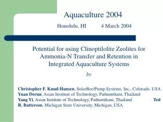 Potential for using Clinoptilolite Zeolites for Ammonia-N Transfer and Retention in Integrated Aquaculture Systems by