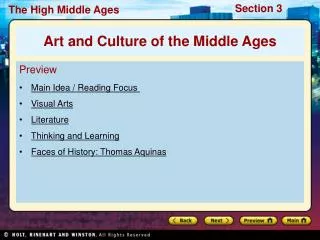 Preview Main Idea / Reading Focus Visual Arts Literature Thinking and Learning Faces of History: Thomas Aquinas