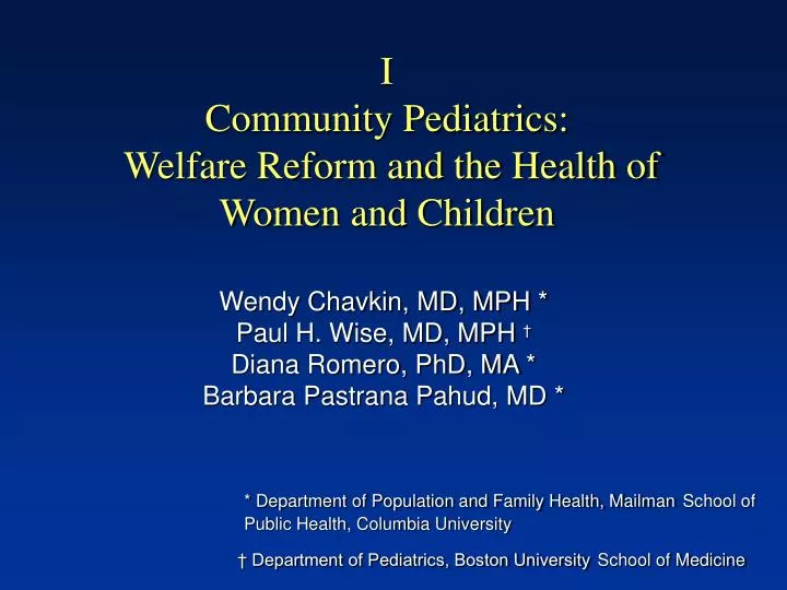 i community pediatrics welfare reform and the health of women and children