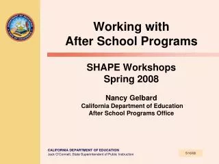 Working with After School Programs SHAPE Workshops Spring 2008 Nancy Gelbard California Department of Education After
