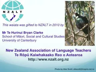 This waiata was gifted to NZALT in 2010 by Mr Te Hurinui Bryan Clarke School of M?ori, Social and Cultural Studies Unive