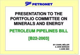 PRESENTATION TO THE PORTFOLIO COMMITTEE ON MINERALS AND ENERGY PETROLEUM PIPELINES BILL [B22-2003] BY: CHARL M Ö LLER &a