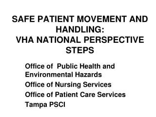 SAFE PATIENT MOVEMENT AND HANDLING: VHA NATIONAL PERSPECTIVE STEPS