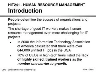 HIT241 - HUMAN RESOURCE MANAGEMENT Introduction