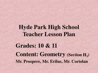 Hyde Park High School Teacher Lesson Plan