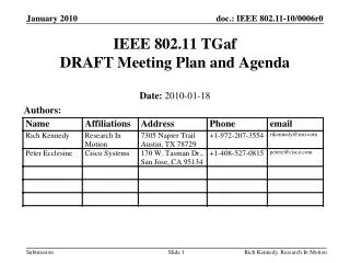 IEEE 802.11 TGaf DRAFT Meeting Plan and Agenda