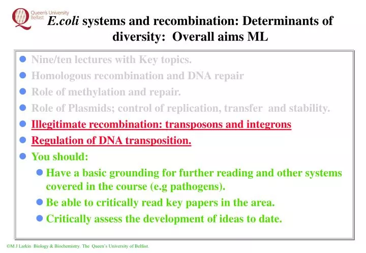 e coli systems and recombination determinants of diversity overall aims ml