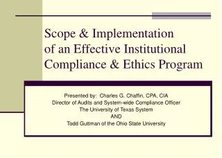 Scope &amp; Implementation of an Effective Institutional Compliance &amp; Ethics Program