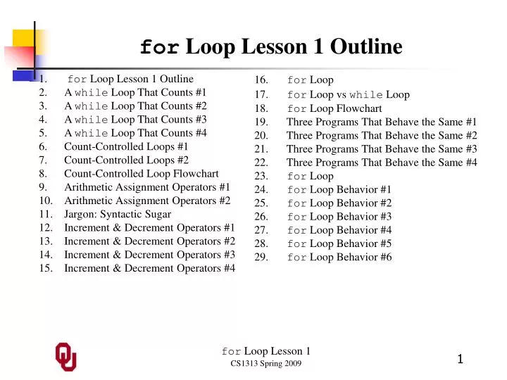 for loop lesson 1 outline