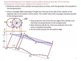 Draw the development of an oblique circular cylinder with base diameter 30 mm and axis inclined at 75 o with the base.