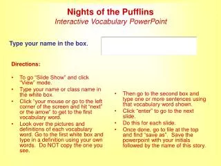 Nights of the Pufflins Interactive Vocabulary PowerPoint