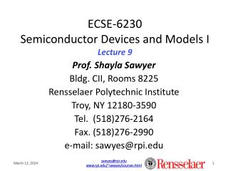 ECSE-6230 Semiconductor Devices and Models I Lecture 9