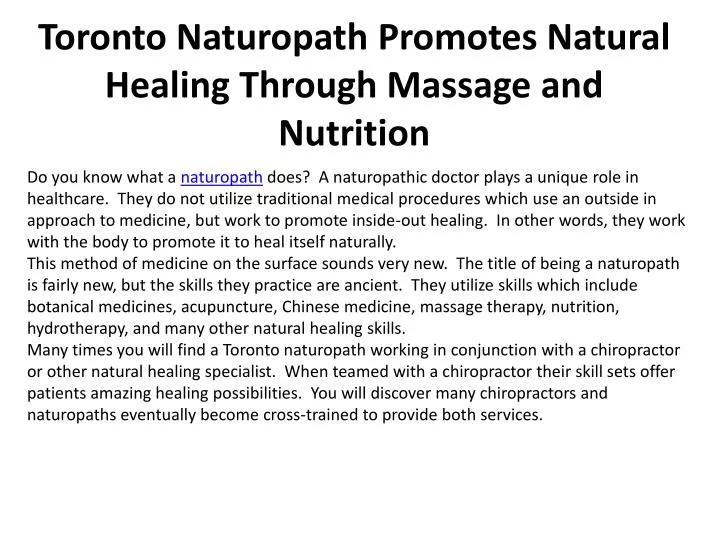 toronto naturopath promotes natural healing through massage and nutrition