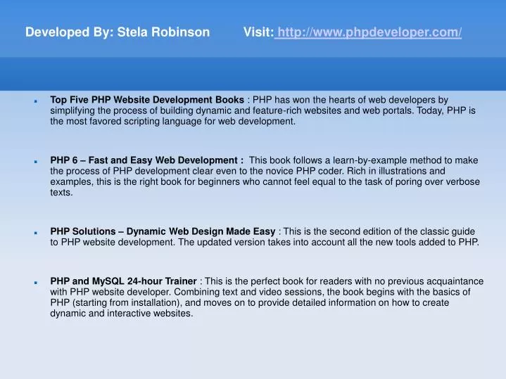 developed by stela robinson visit http www phpdeveloper com