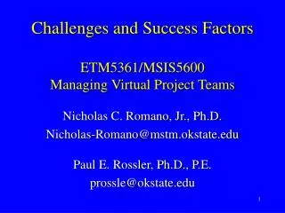 Challenges and Success Factors ETM5361/MSIS5600 Managing Virtual Project Teams
