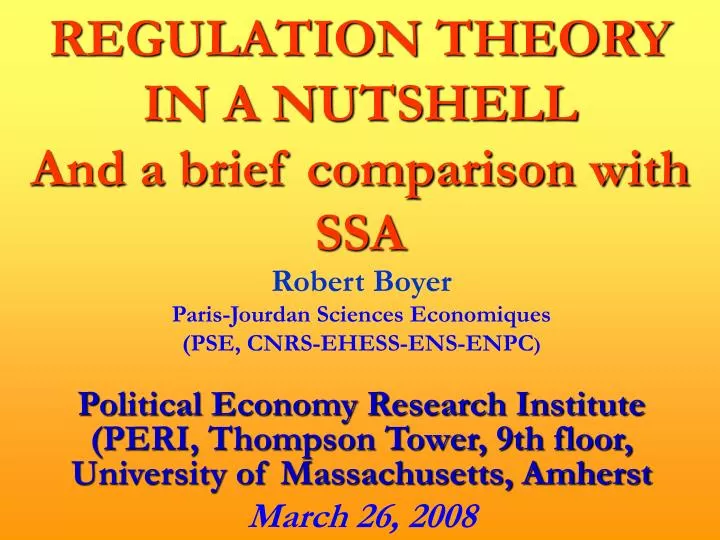 regulation theory in a nutshell and a brief comparison with ssa