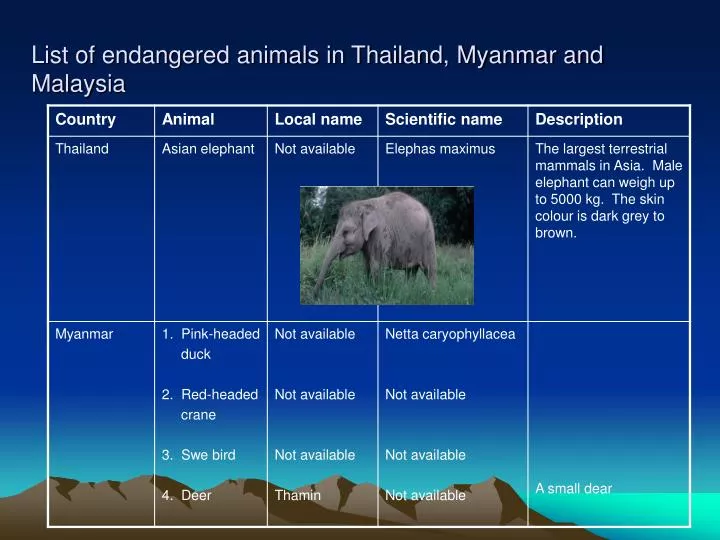 list of endangered animals in thailand myanmar and malaysia