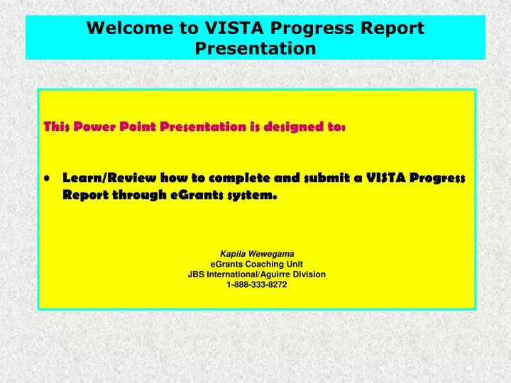 welcome to vista progress report presentation