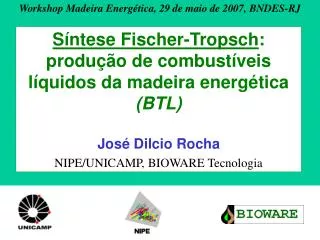 Síntese Fischer-Tropsch : produção de combustíveis líquidos da madeira energética (BTL) José Dilcio Rocha NIPE/UNICAMP,