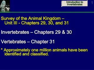 Survey of the Animal Kingdom – Unit III - Chapters 29, 30, and 31 Invertebrates – Chapters 29 &amp; 30 Vertebrates – Ch