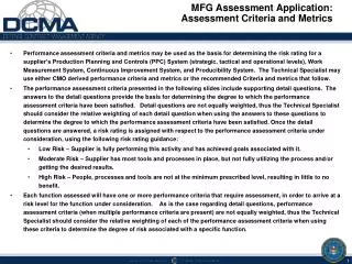 MFG Assessment Application: Assessment Criteria and Metrics