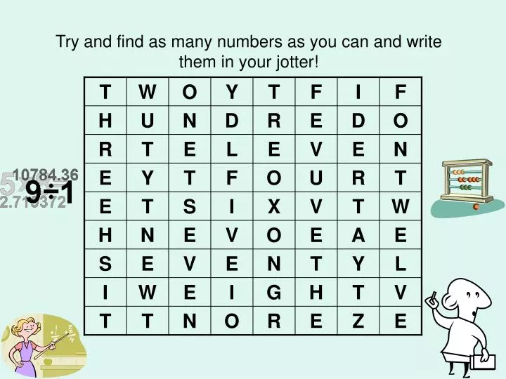 try and find as many numbers as you can and write them in your jotter