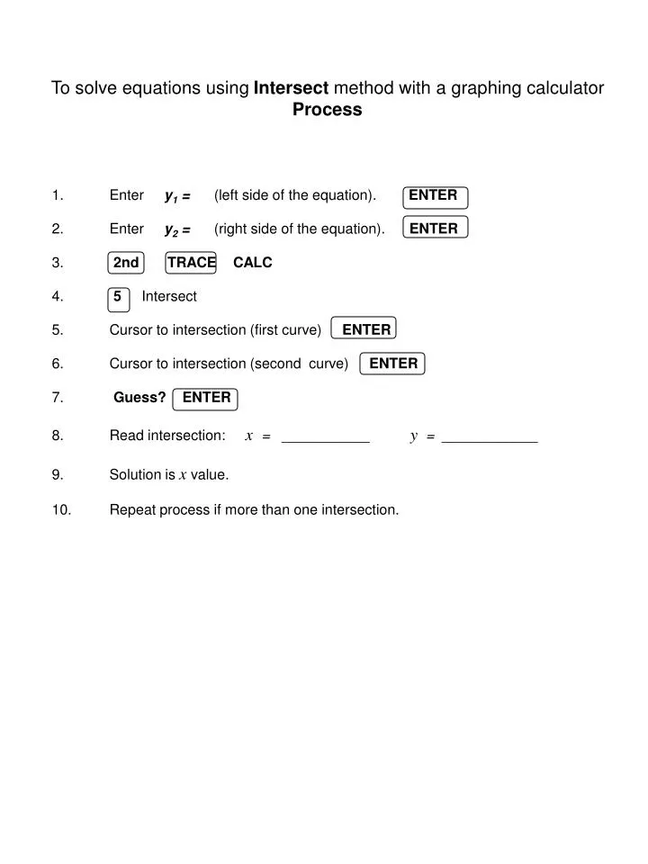 to solve equations using intersect method with a graphing calculator process