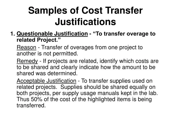 samples of cost transfer justifications