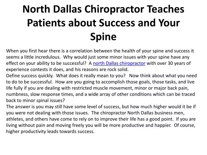north dallas chiropractor teaches patients about success and your spine