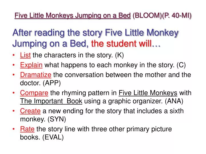 five little monkeys jumping on a bed bloom p 40 mi