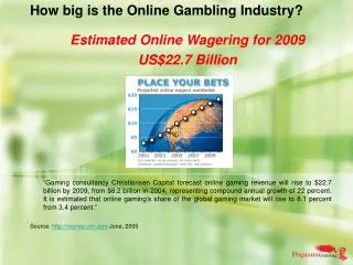 How big is the Online Gambling Industry? Estimated Online Wagering for 2009 	US$22.7 Billion .