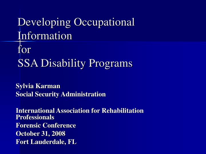 developing occupational information for ssa disability programs