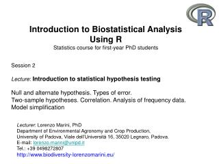 Introduction to Biostatistical Analysis Using R Statistics course for first-year PhD students