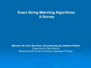 Exact String Matching Algorithms: A Survey