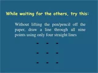 Without lifting the pen/pencil off the paper, draw a line through all nine points using only four straight lines