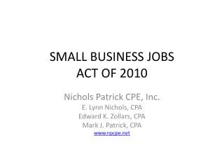 SMALL BUSINESS JOBS ACT OF 2010