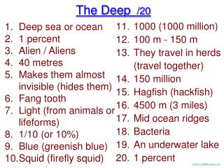 Deep sea or ocean 1 percent Alien / Aliens 40 metres Makes them almost invisible (hides them) Fang tooth Light (from ani