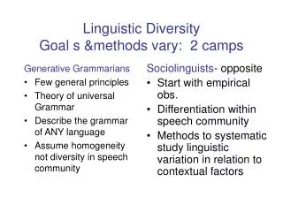 Linguistic Diversity Goal s &amp;methods vary: 2 camps