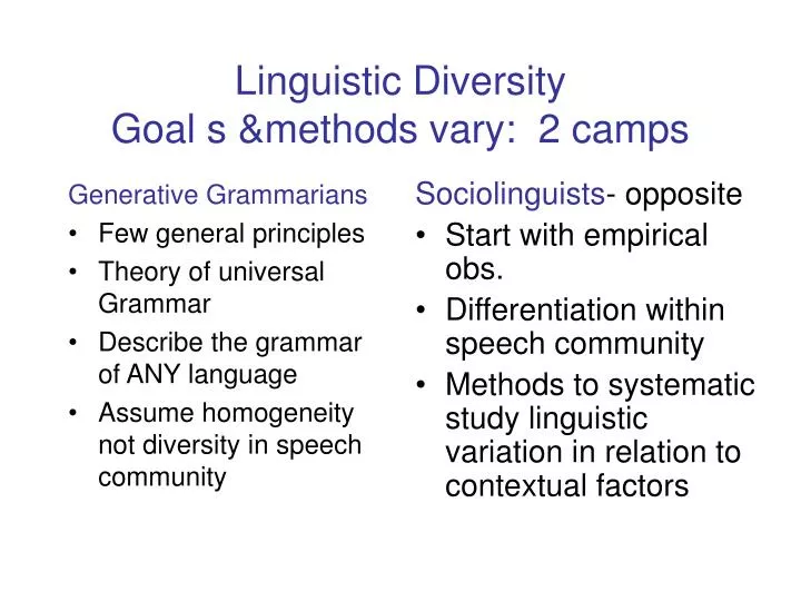 linguistic diversity goal s methods vary 2 camps