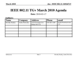 IEEE 802.11 TGv March 2010 Agenda