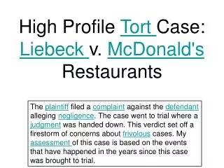 High Profile Tort Case: Liebeck v. McDonald's Restaurants