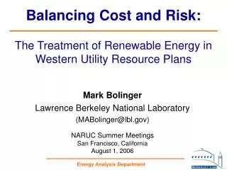 Balancing Cost and Risk: The Treatment of Renewable Energy in Western Utility Resource Plans