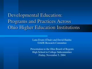 Developmental Education: Programs and Practices Across Ohio Higher Education Institutions