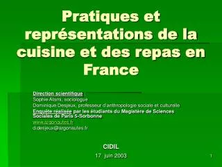 Pratiques et représentations de la cuisine et des repas en France