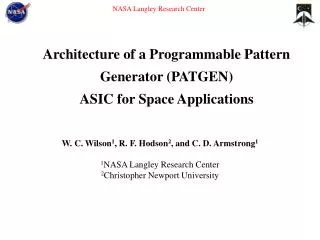 Architecture of a Programmable Pattern Generator (PATGEN) ASIC for Space Applications