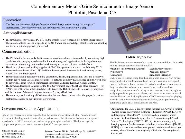 complementary metal oxide semiconductor image sensor photobit pasadena ca